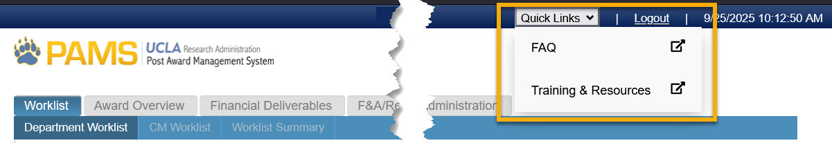 PAMS: Image of Quick Links dropdown