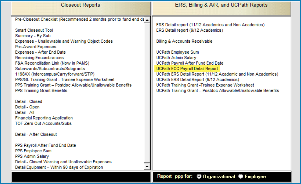 Screenshot with UCPath ECC Payroll Detail Report highlighted