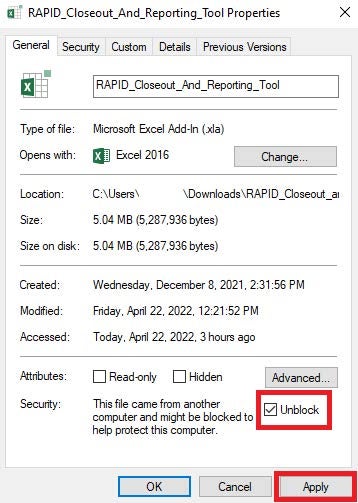 Rapid Closeout and Reporting Tool Properties